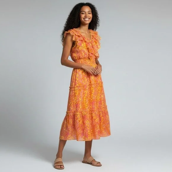 Versona Women's M Orange Pink Paisley Midi Dress Tiered Ruffle | Boho - Picture 2 of 7
